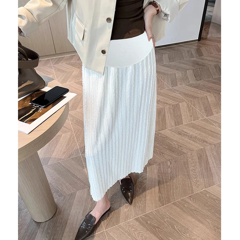 Good Quality Maternity Fleece Skirts Spring Autumn Back Split Tassel Patchwork Striped Pregnant Woman Mini Skirt