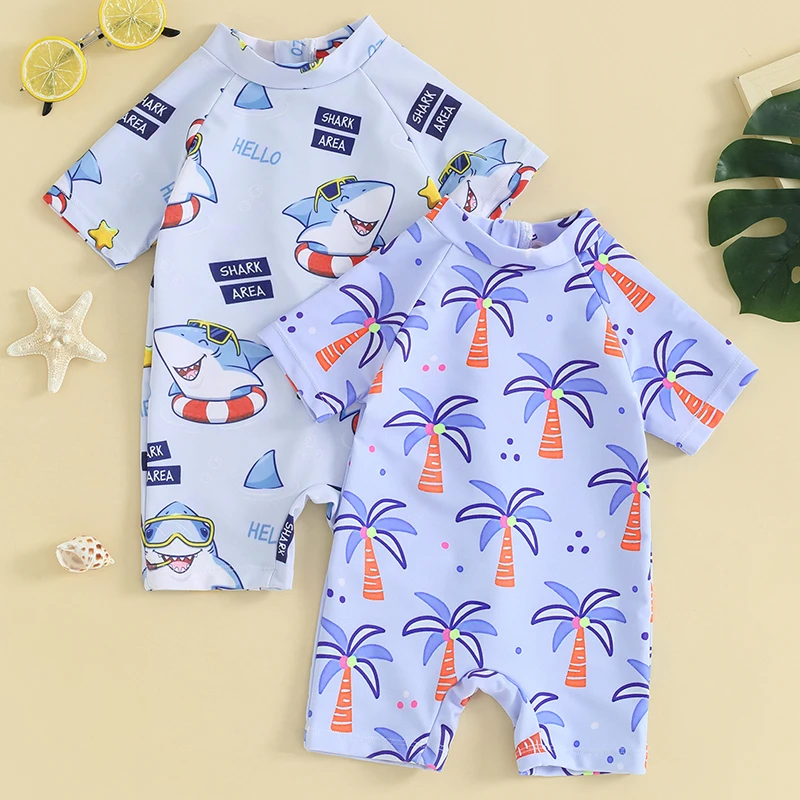 

0-3Y Toddler Boys Rash Guard Swimwear Cartoon Print Short Sleeve Swimsuits Back Zipper Bathing Suits Summer Beachwear