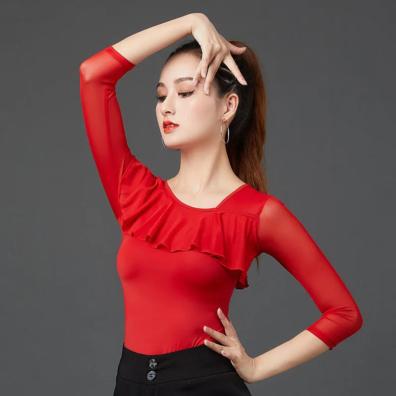 Sexy Latin Dance Clothing Female Adult Training Suit Modern Ballroom Costume Jacket Medium Long Sleeve Performance Wear