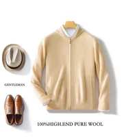 Men's 100% Merino Wool Sweater Knitted Zippered Cardigan Cashmere Thickened Jacket Long Sleeve Stand Collar Tops, Autumn, Winter 1