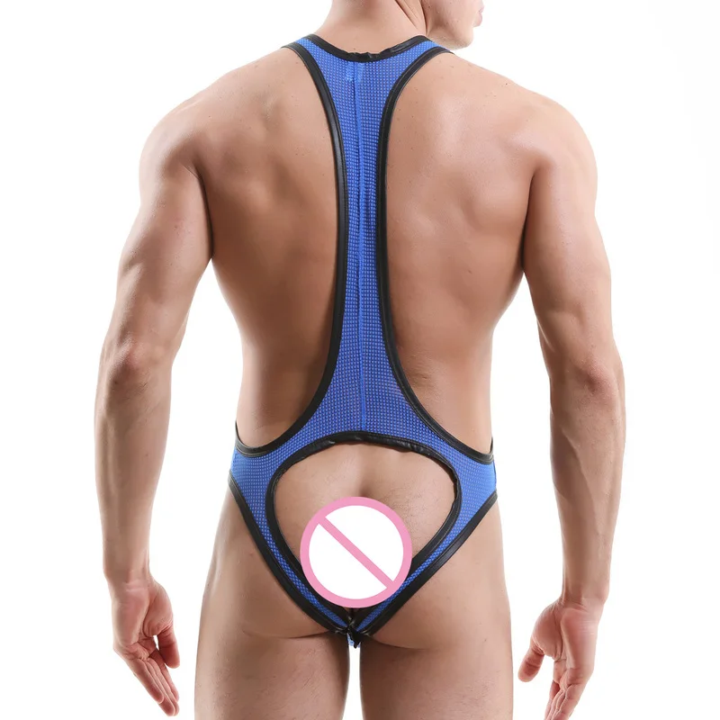 Sexy Men Undershirts Leotard Jockstrap Mesh Bugle Pouch Jumpsuits Exotic Open Butt String Underwear Wrestling Singlet Bodysuits