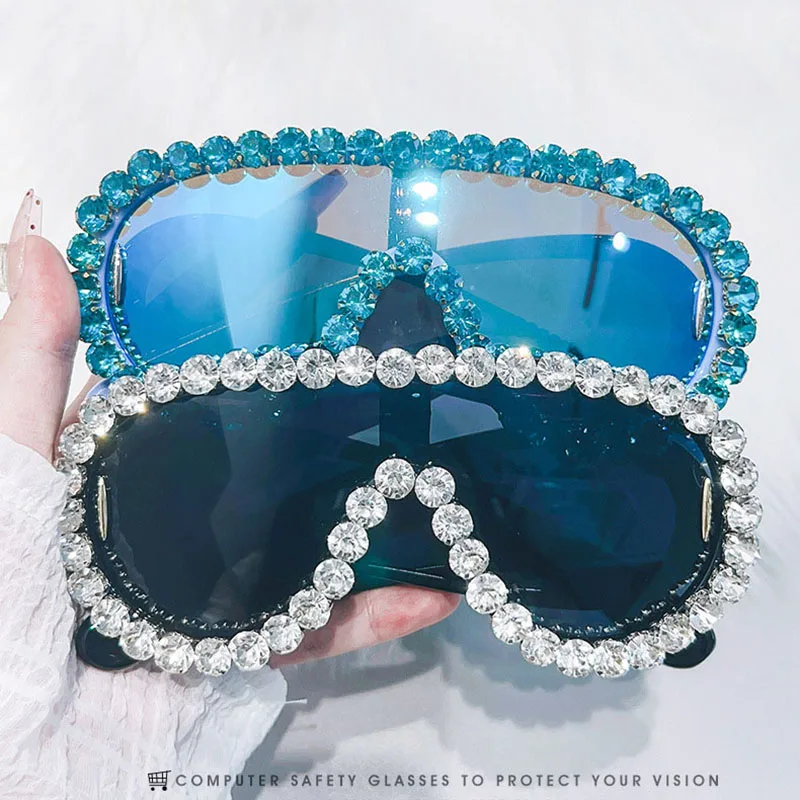 SHAUNA Crystal Oversized Mirror Coating Women Goggle Sunglasses UV400_voghion.com