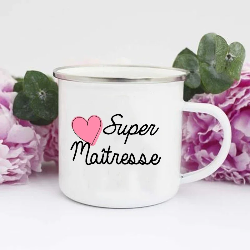 

French Super Teacher Print Mugs Creative Coffee Cups Drinks Water Milk Cup Enamel Mug School Home Handle Drinkware Teacher Gifts