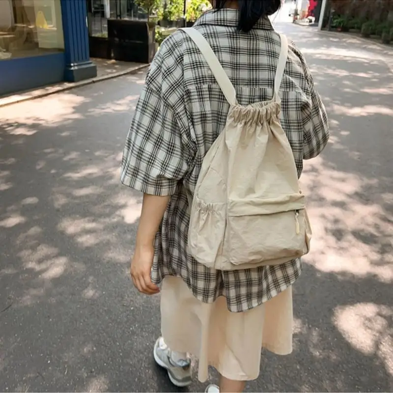 E8FB Trendy Canvas Drawstring Backpack Large Capacity School and Travel Bag for Teens and Adults Solid Color Daypack Book Bag 5