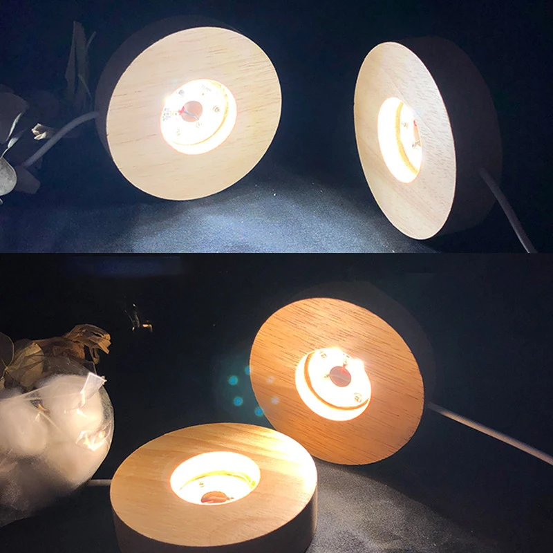 Crystal Glass LED Light Display Base - Wooden Night Lamp Stand Decor