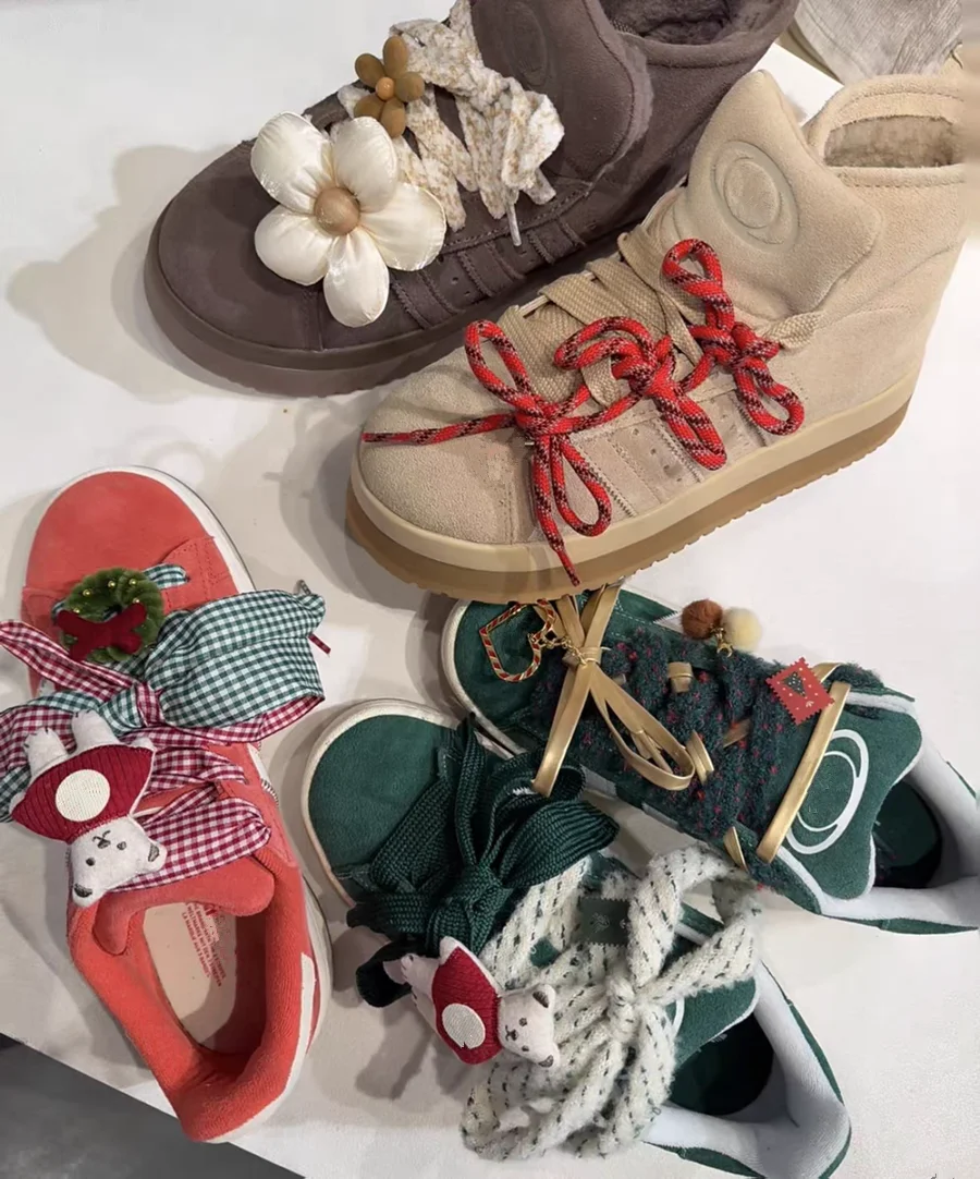 Schöne DIY flauschige Schnürsenkel rot grün Gitter Schnürsenkel Creme Puffs Schuhe Blumenschnallen für Sport Casual Sneakers Schuhe Schneestiefel – Detail 4