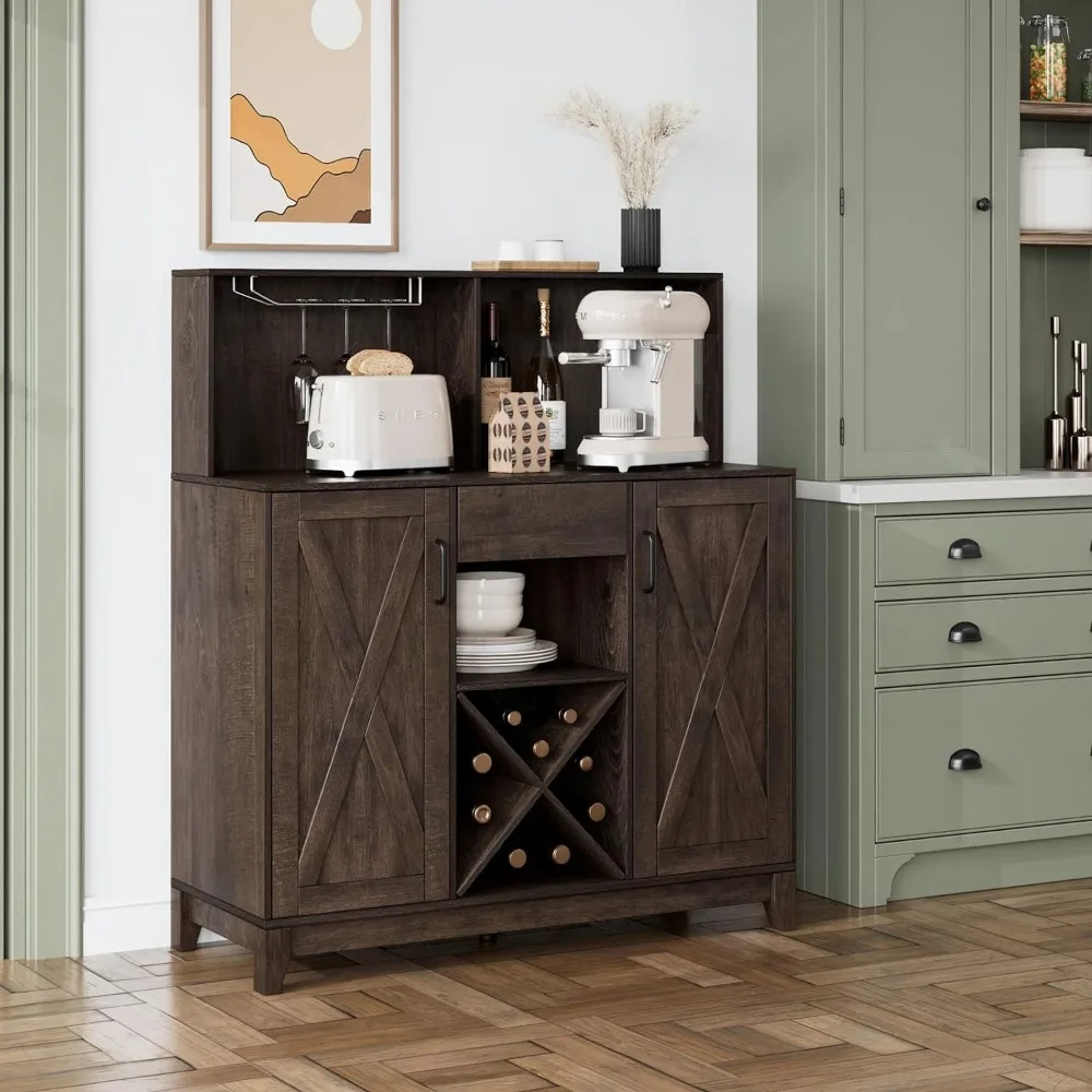 Modern Farmhouse Coffee Bar Cabinet Barn Doors Wine Liquor Bar Cabinet Storage Hutch Kitchen Sideboard Buffet Dark Brown
