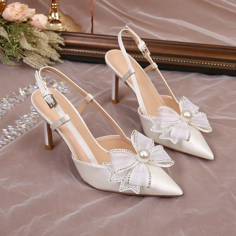 2025 White Butterfly-knot Wedding Shoes Satin High Heels Women New