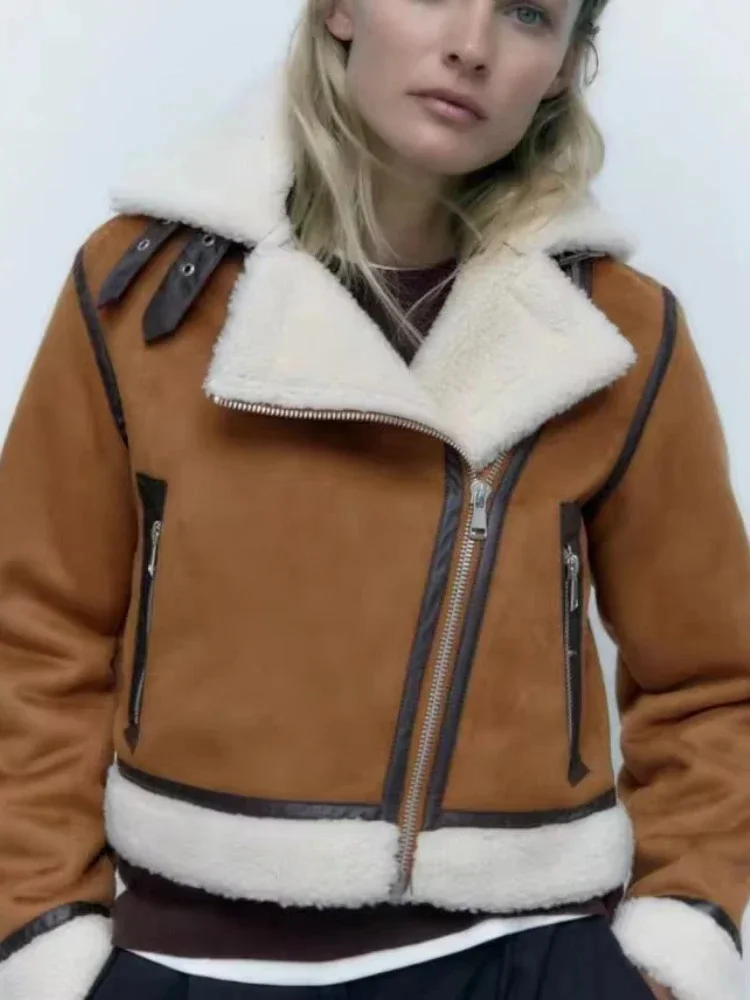 

2023 New Autumn Winter Women's Leather Jacket Fashion Artificial Fur Integrated Tops Simple Swt Cool Short Soft Warm Coats