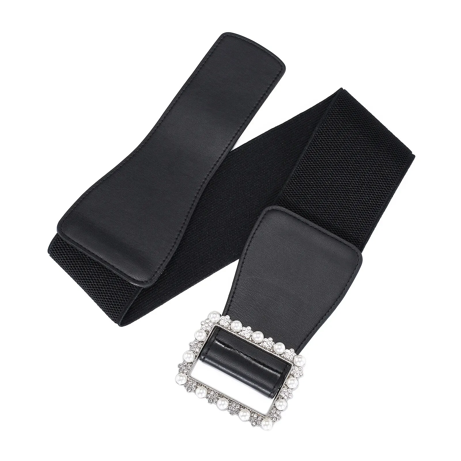 1pc Women's Belt Fashionable Pearl Buckle Shaping Belt Versatile Elastic Elastic Belt Pu Leather Wide Waist Seal With Dress Coat