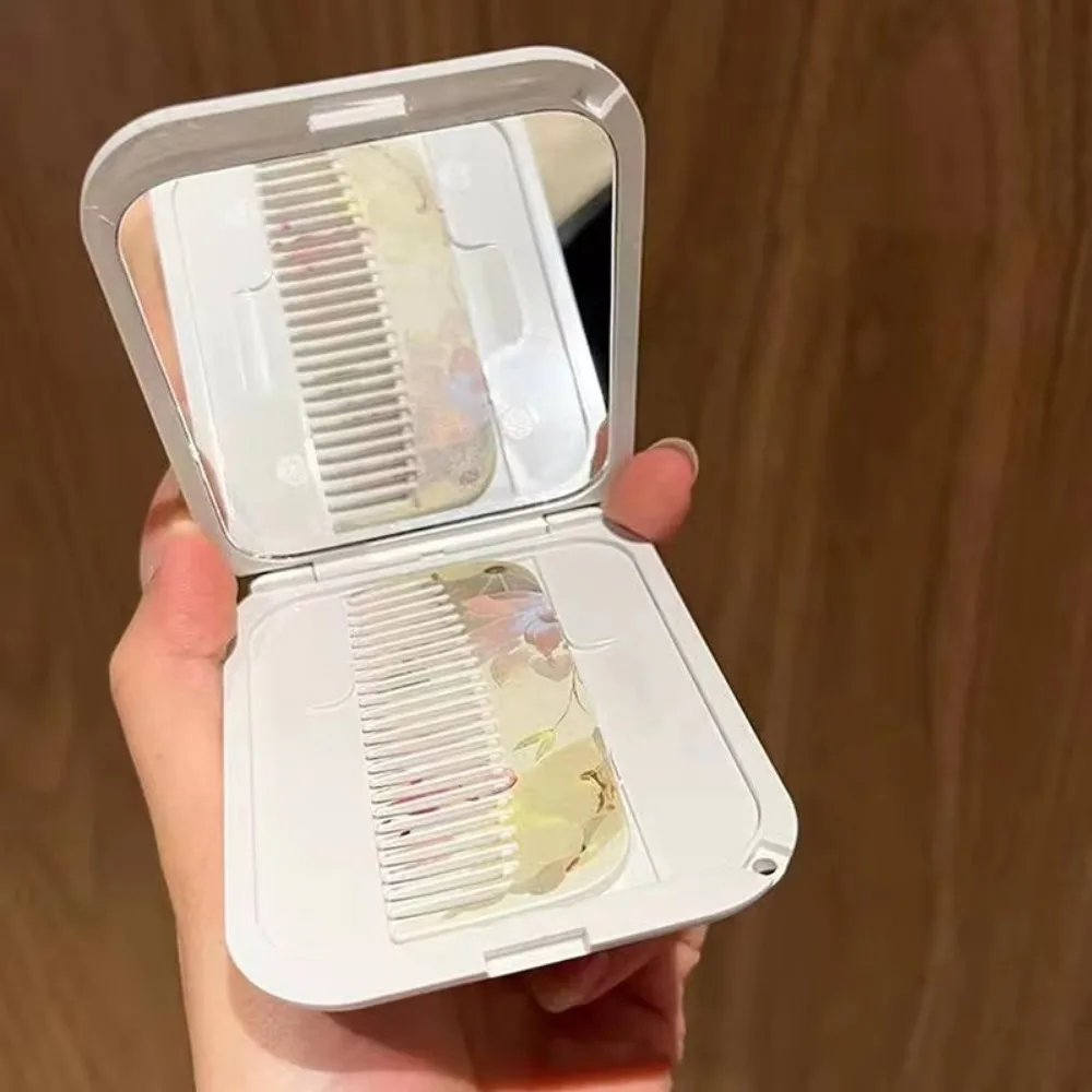 여자를위한 빗 주머니 거울 플립 탑 화장품 거울과 휴대용 연꽃 접는 화장 거울 직사각형 여자