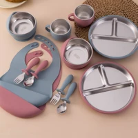6PCS BPA Free Stainless Steel Silicone Infant Feeding Set Includes Bowl Plate Bib Detachable Design Baby Tableware For Weaning