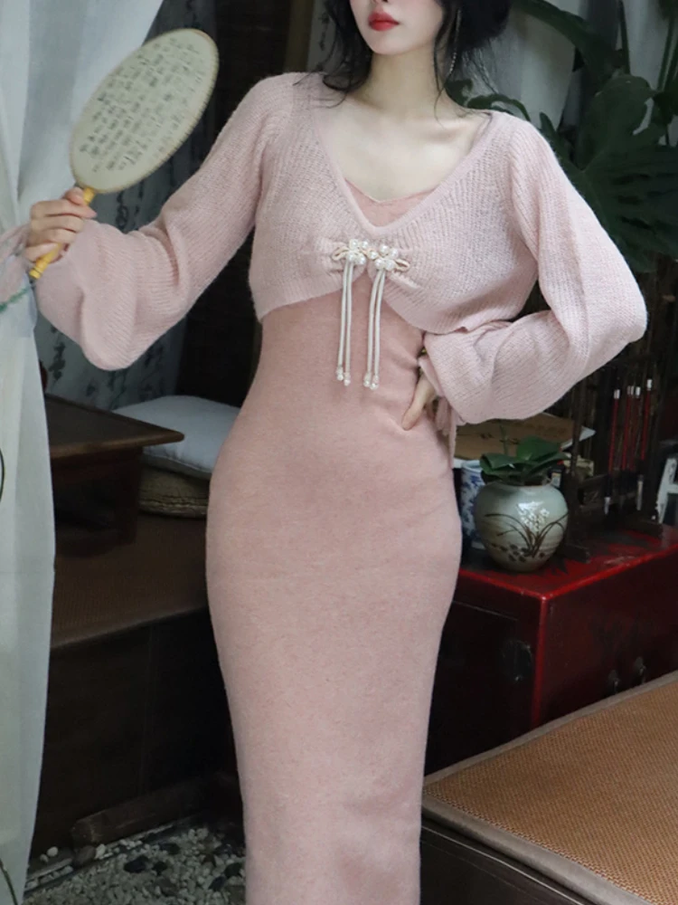 [Principal Nini] 2025 Lace Snap Cardigan + Blue Floral Dress Two-Piece Set – Sweet Retro Korean Look