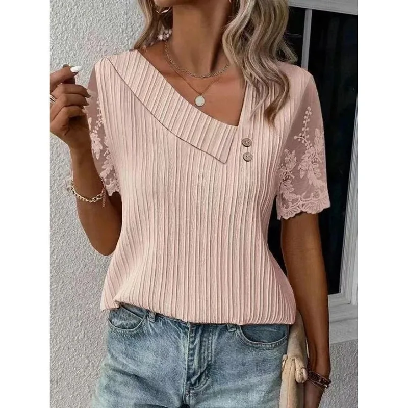 Skew Collar Lace Short Sleeve Blouse Summer Elegant Women Casual shirt Tops For Women Simple Buttons Loose Casual Shirt 28326
