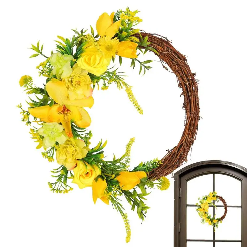 

Artificial Yellow Rose Wreath Spring Wreath Artificial Flowers Rattan Wreath Thanksgiving Door Decor For Spring Summer Autumn