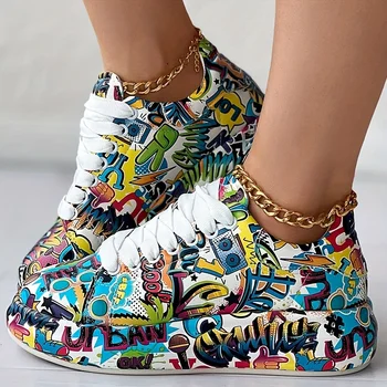 Women's Graffiti Print Sneakers Fashion Lace-up Low-top Platform Sneakers Casual Skateboard Shoes Sneakers New Vulcanized Shoes 1