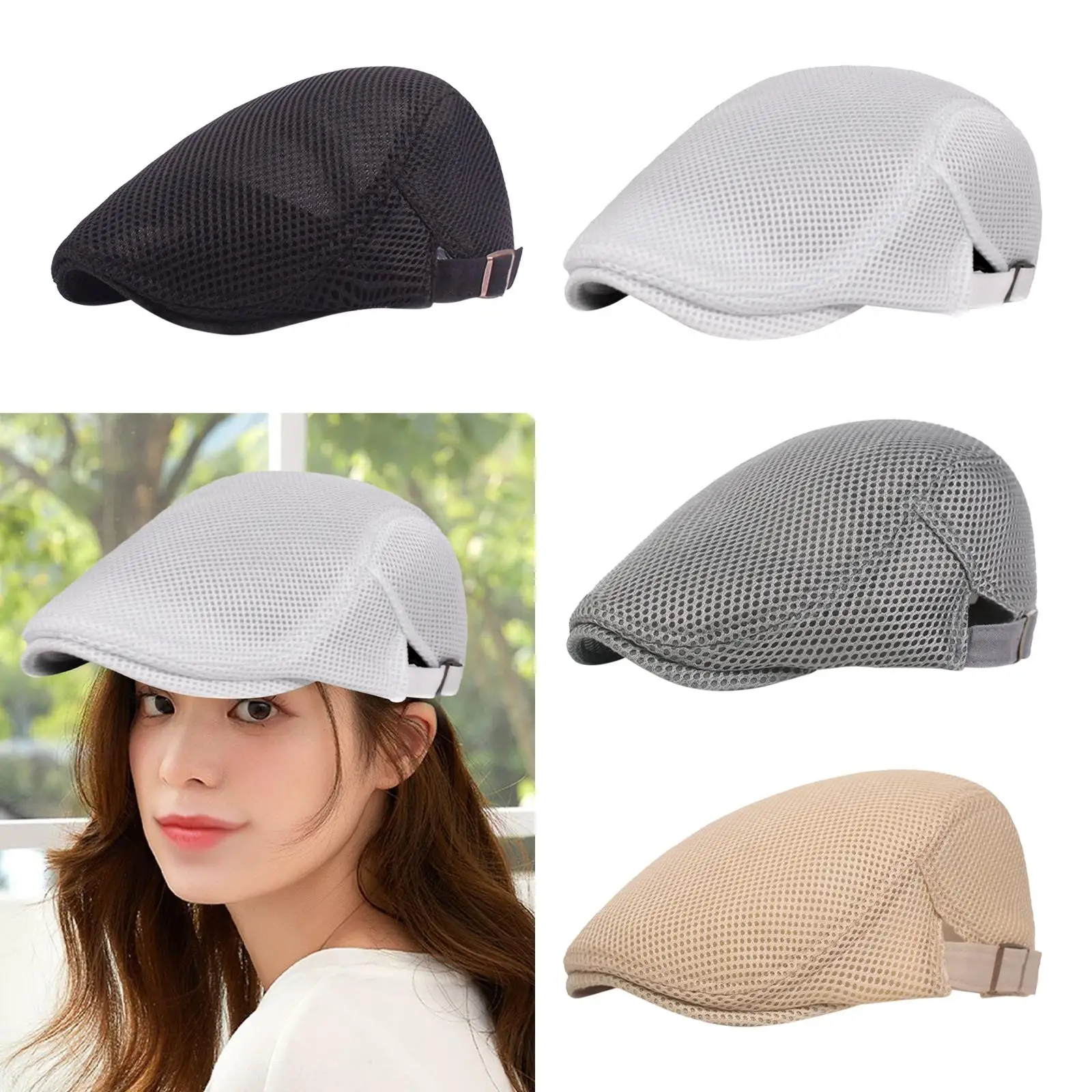 Men`s Mesh Flat Cap Cabbie Hat Male Forward Cap Casual Painter Hat Breathable Summer Hat for Golf Traveling Gardening Fishing