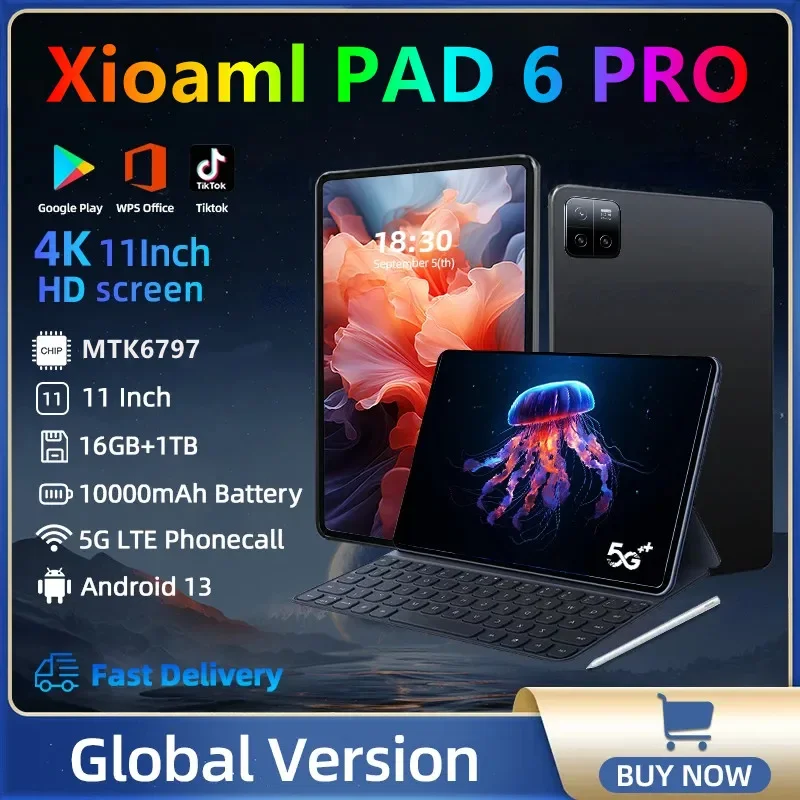 2024 오리지널 글로벌 버전 패드 6 프로 태블릿 PC, 스냅드래곤 888, 10000mAh, 안드로이드 13 RAM, 16GB ROM, 1TB, 5G HD, 4K 화면, 와이파이, 미 탭