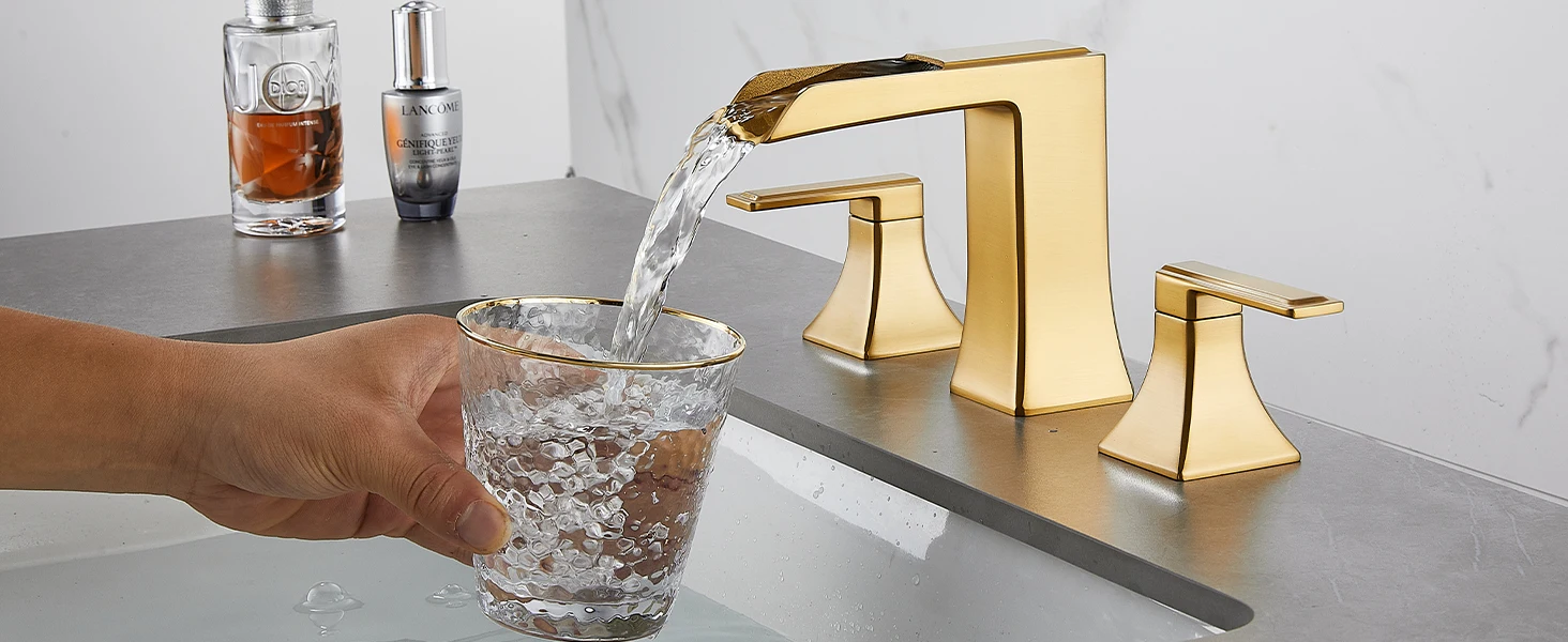 8 Inch Widespread Bathroom Faucet 3 Hole, Brushed Gold Waterfall Bathroom Faucets