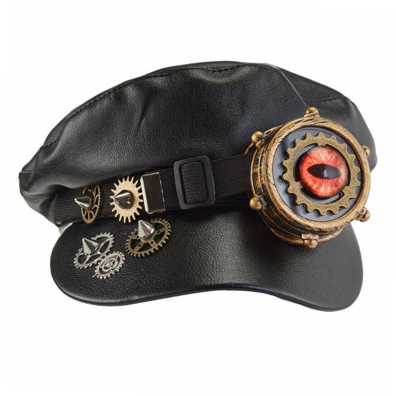 Steampunk Newsboy Cap Black Pu Leather Rivets Hat With Goggles Gothic Party Performance Cosplay Hat