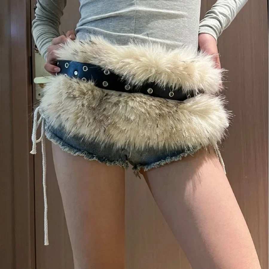 Vintage Y2K Faux Fur Punk Waistband with Metal Bead Chain