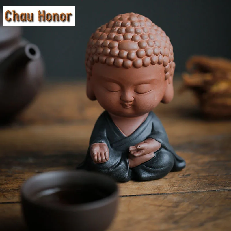 Purple Sand Small Buddha Tea Ornaments Decoration Color Sand Cute Samanera Tea-Soaked Tea Pet Tea Ceremony Tea Art Decorations