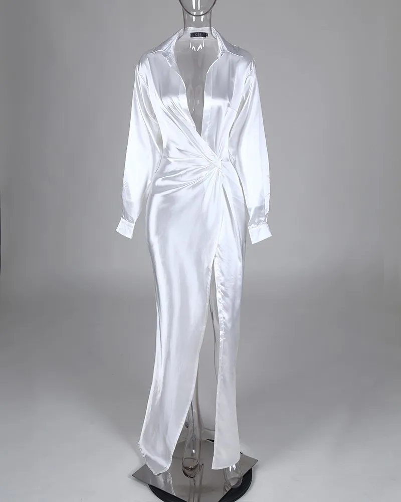 Allover Print Twisted Design Slit Shirt Dress Women Boho Long Dresses Split Spring Summer Vestido 2023 Streetwear Maxi Work