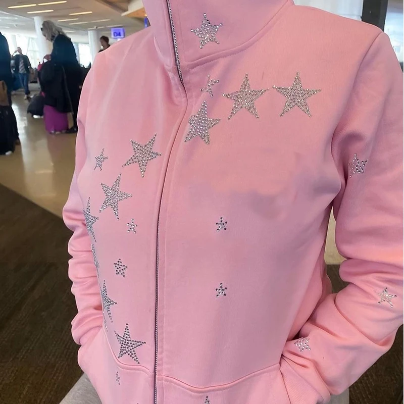 Y2K Rhinestone Skeleton Hoodies Women Gothic Black Zip Up Oversized Sweatshirts Female Retro Harajuku Hooded Jacket hoodies tops