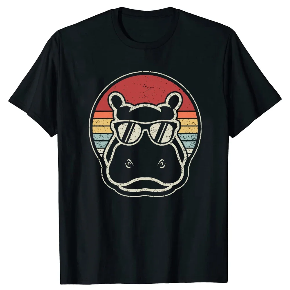 

Retro hippo T-shirt sunglasses round neck short sleeve top casual fashion men's and women's daily clothing
