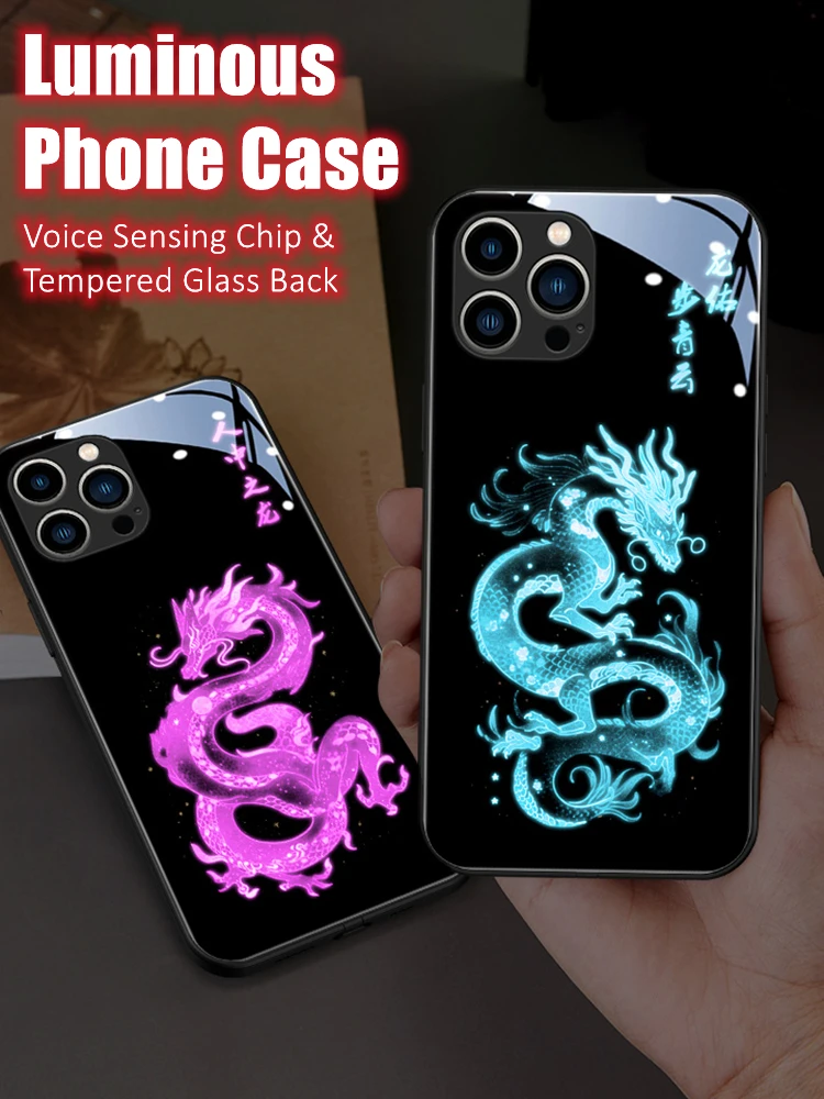 

Cool Dragon LED Light Glowing Luminous Tempered Glass Back Phone Case for Samsung S24 S22 S23 Note 10 20 A14 A54 A73 Plus Ultra