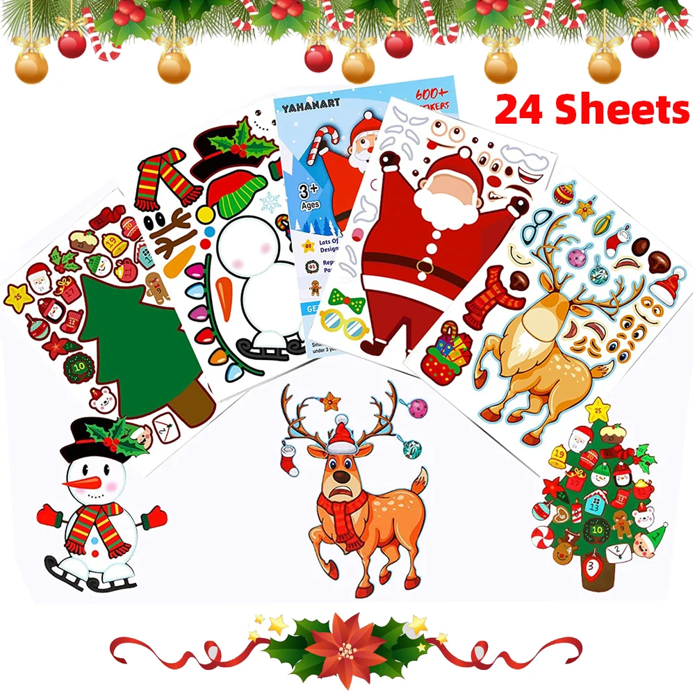 

24 Sheets Christmas Make a Face Stickers Reindeer Elf Snowman Make Your Own Match Stickers for Kids DIY Art Crafts Party Favor