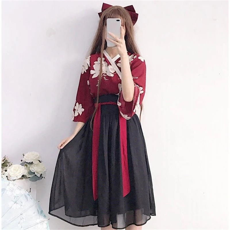 Japanese Kimono Retro Japanese Style Vintage Hanfu Haori Kawaii Girls Women Foral Kimono Dress for Party Yukata Asian Clothes Skirts