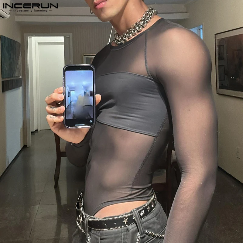 Men Bodysuits Men Bodysuits Mesh Patchwork O-neck Long Sleeve Sexy Rompers Male T Shirts Fitness Transparent Fashion Bodysuit INCERUN