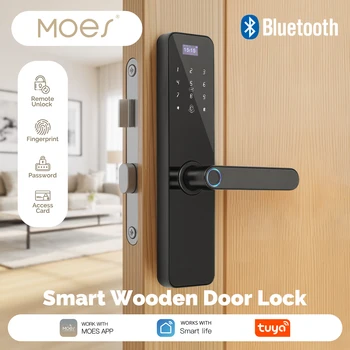 MOES Bluetooth Smart Wooden Door Lock - Fingerprint, Keycard, PIN, Remote Control, Tamper Alarm, Battery Powered, with Screen 1