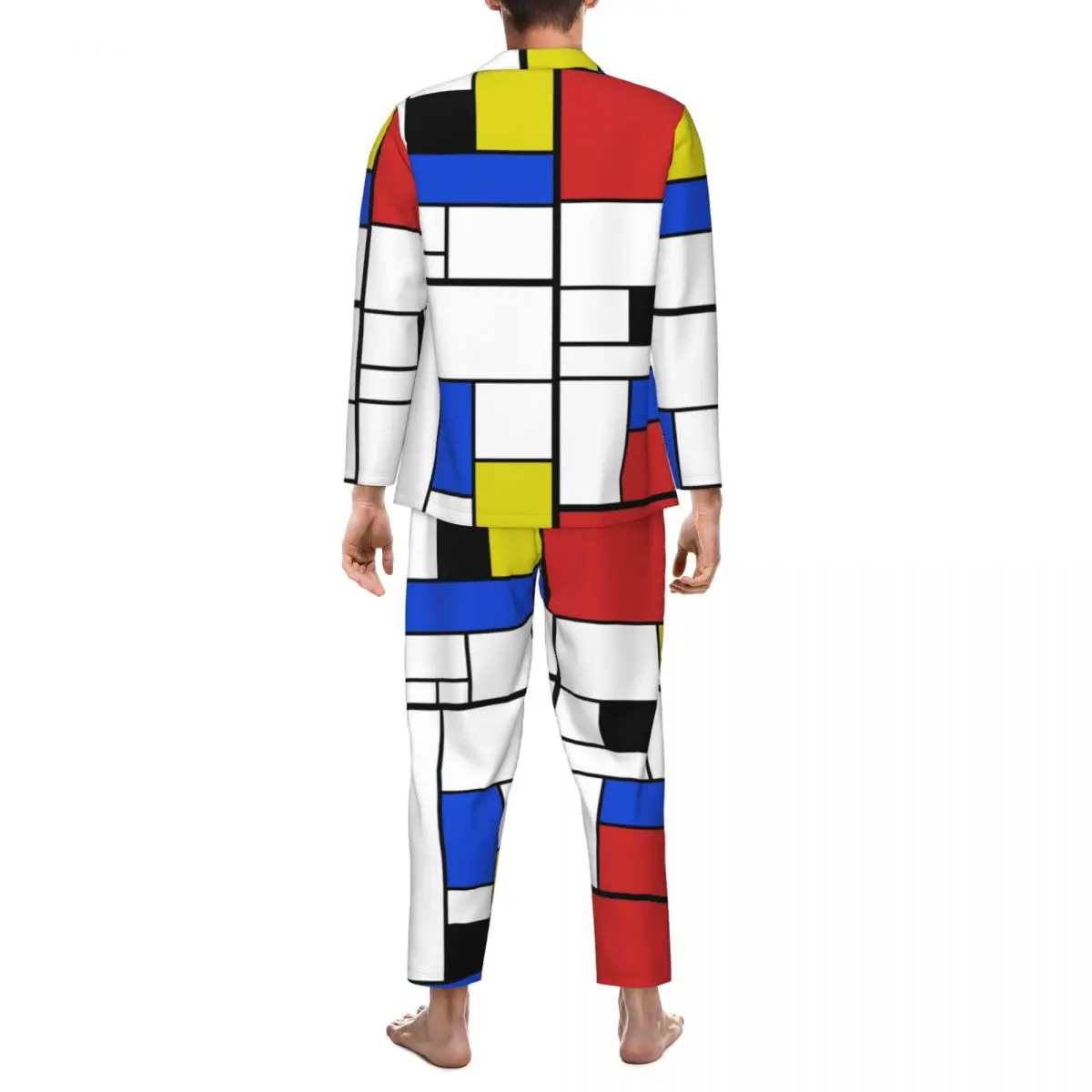 Men Pyjamas Mondrian Line Pajama Sets Colorful Plaid Soft Sleepwear Men Long Sleeve Vintage Bedroom Two Piece Home Suit Big Size XL 2XL