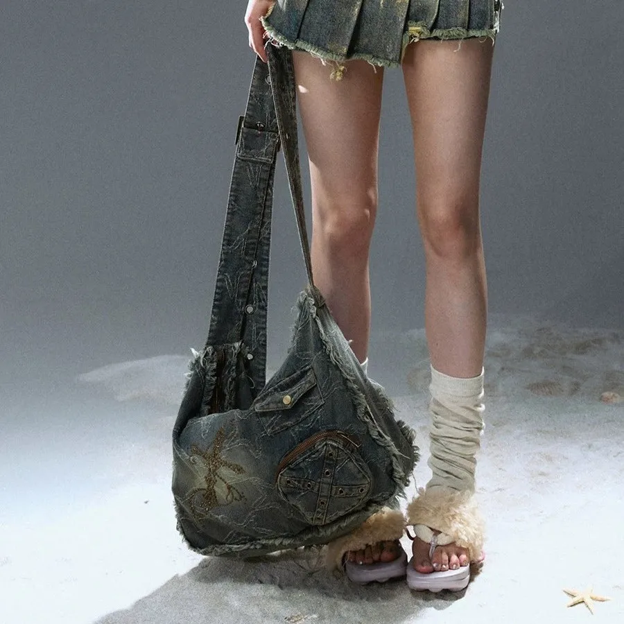 Fashion Women Large Capacity Shoulder Bags Canvas Denim Street Casual Totes Handbag rivet Purse Solid Color Zipper Shopping Bag