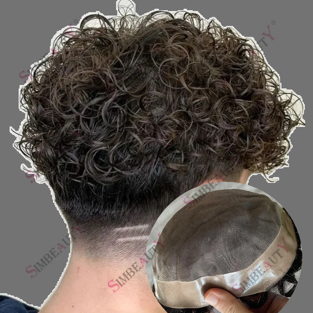 Toupet riccio da 20 mm per uomo, base in NPU resistente con parte superiore in pizzo a rete mono fine, sistema di capelli umani al 100% per protesi capillare maschile, riccioli da 24 mm - immagine 2