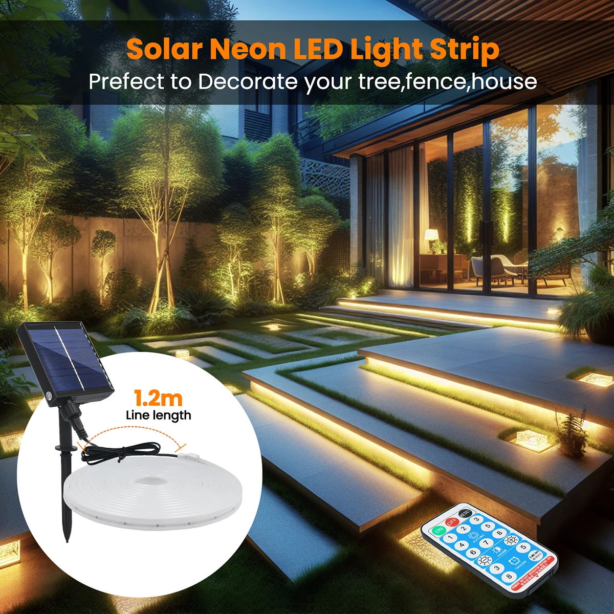 디밍 가능 솔라 2835 LED 네온 스트립 라이트 리모컨 120LEDs/m 웜 화이트 방수 플렉시블 가정용 실외 정원용 고밀도 라인형