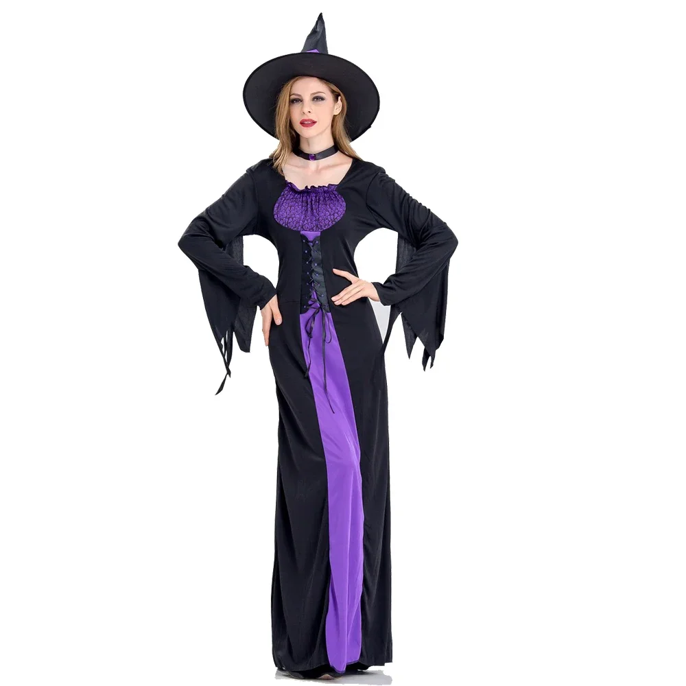 

Adult Halloween Witch Costume For Women Sexy Purple Braces Dress Hat Carnival Party Female Suit