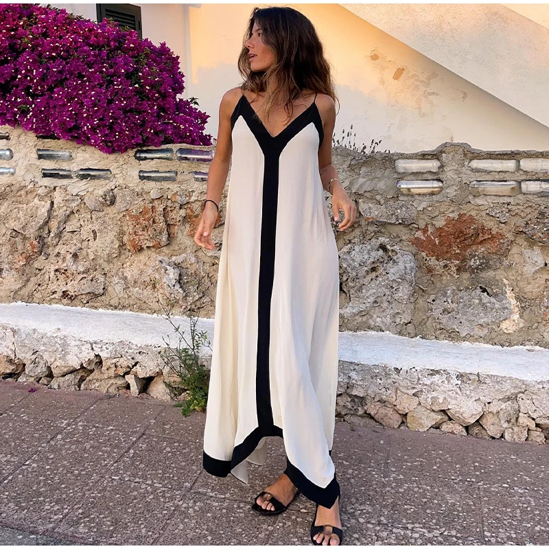 Elegant Suspender Maxi Dress Women's Sexy Summer Sling Beach Dresses Female Backless V-neck Contrast Color Vacation Long Dresses