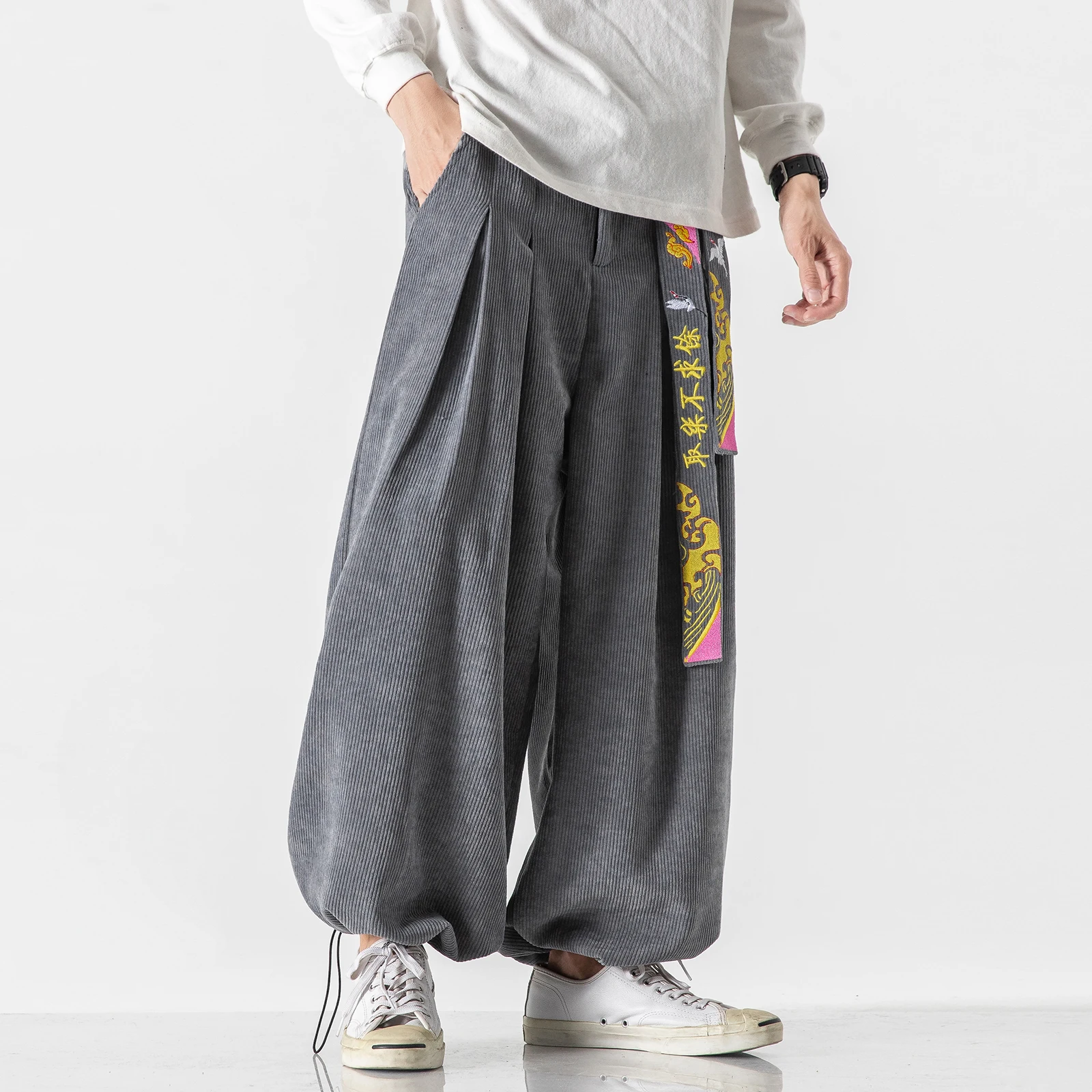 Pantalon Sarouel Homme En Velours Côtelé - Taille élastique, Cordon De Serrage, Style Japonais Streetwear Décontracté