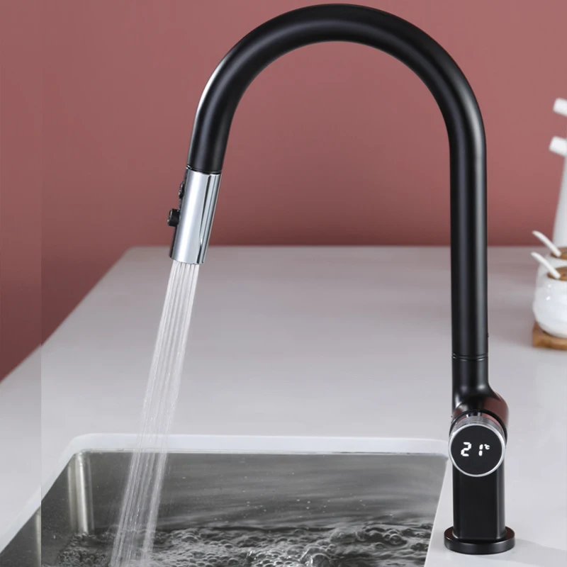 brass kitchen tap Black Chrome Digital Display Kitchen Faucet Pull Out Spray Hot Cold Water Mixer Tap For Kitchen Temperature Display Faucet new kitchen sink