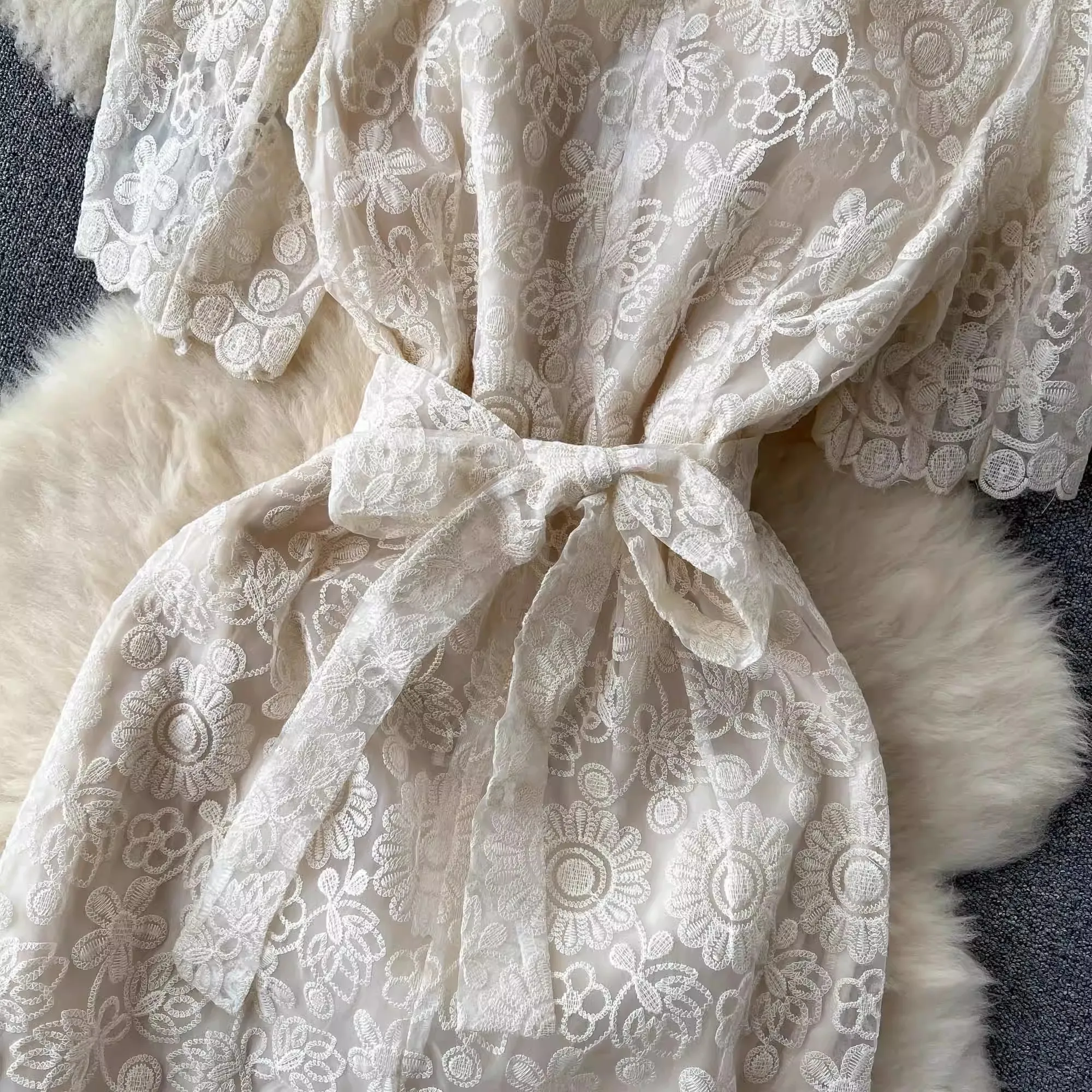 France Elegant Summer White Lace Midi Dress New High Quality Women O Neck  Embroidery Flower Mesh Lace Up Office Ladies Vestidos - AliExpress 200000345