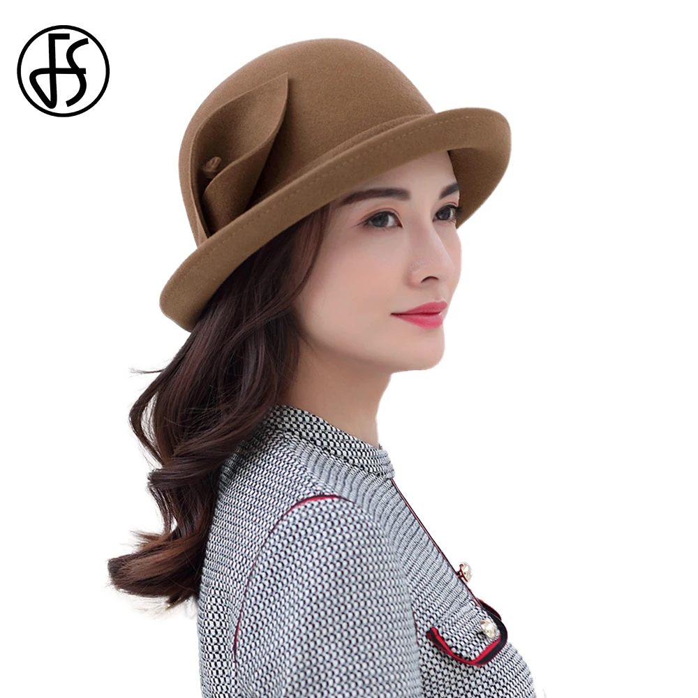 

FS 2024 New Women Fedora Little Top Hats for Woman Lady English Bucket Cap Spring Fashion Female Wedding Woolen Camel Millinery