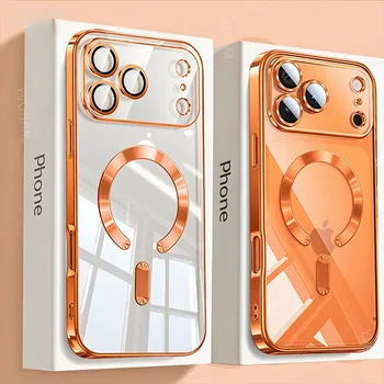 Fashion Orange Magnetic Clear Case For iPhone Air 17 16 15 14 13 12 11 Pro Max Plus Wireless Charge Plating Soft Business Cover 1