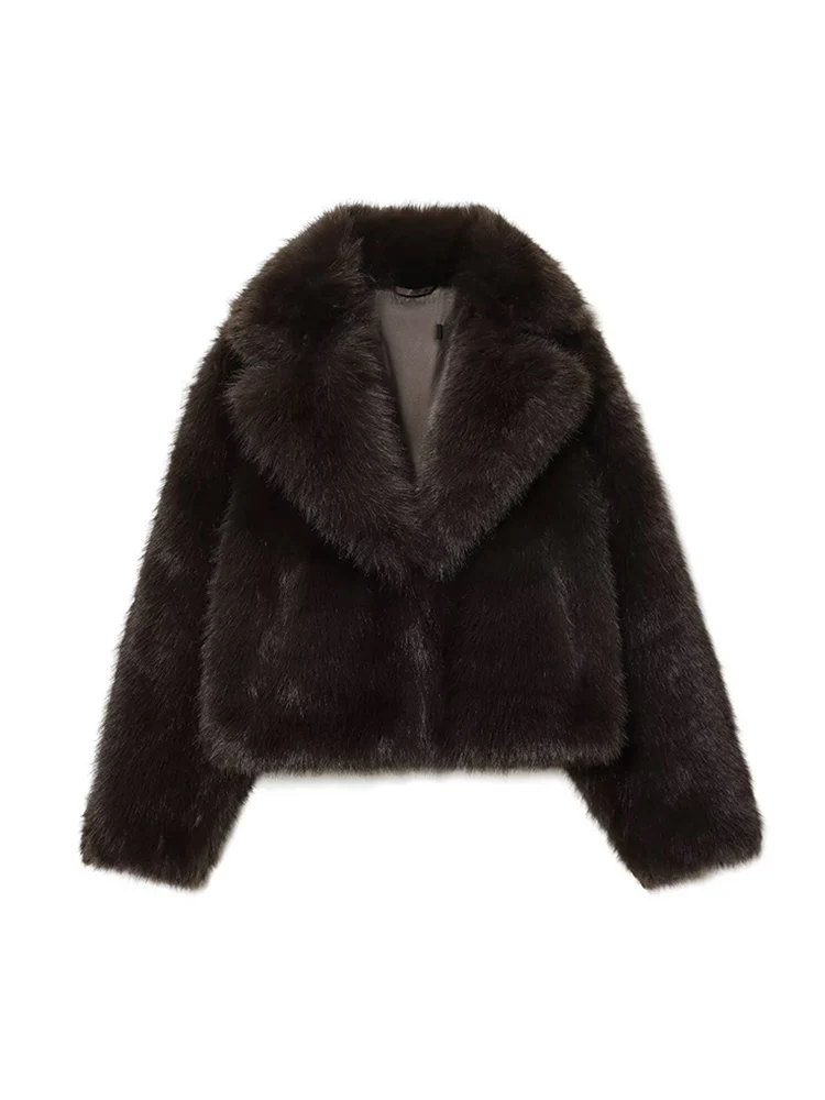 Winter Women Lapel Furry Faux Fur Coats Short Style Elegant Turn-down Collar Long Sleeve Jacket New Fashion Lady Fur Outerwear