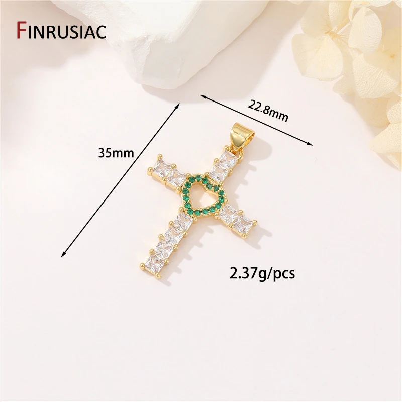 14K vergoldetes Messing, bunter Zirkon-Herz-Kreuz-Charm für religiöse Schmuckherstellung, Zubehör für die DIY-Halskettenherstellung – Detail 14