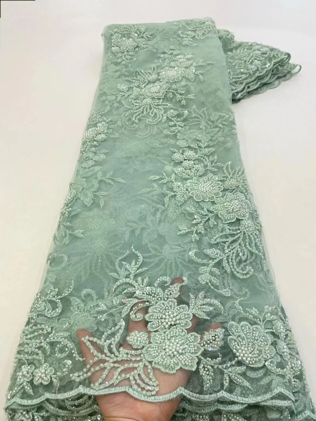 

High Quality African Nigerian Lace Fabric Wedding Party ZH-1228983 Lace Fabric with beads and sequins