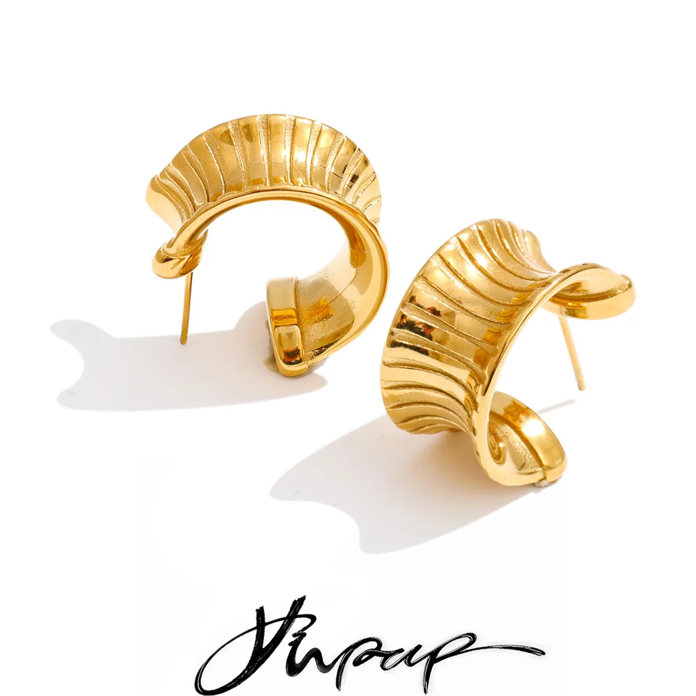 Yhpup Daily Stainless Steel Striped C-Shape Huggie Earrings