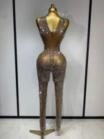 Luxury Rhinestones Jumpsuit Women Sexy Mesh See Through Performance Dance Costume Celebrate Club Birthday Party Stage Outfit - Image 4